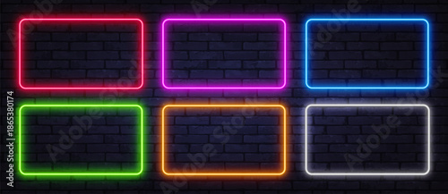 Colorful neon rectangles glowing on a dark brick wall. Bright modern background in red, pink, blue, green, orange, and white perfect for digital art or signage.