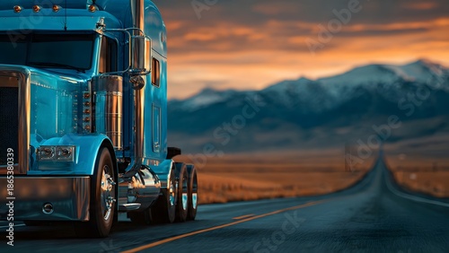 Blue semi truck driving on highway. Truck transportation logistic industry, haul shipment delivery. Export and import of goods, products