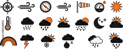 Collection of minimalist wind and weather icons in black line art
