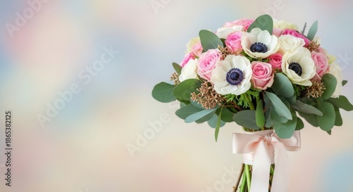 Beautiful bouquet of anemone flowers pink roses eucalyptus green leaves tied with ribbon