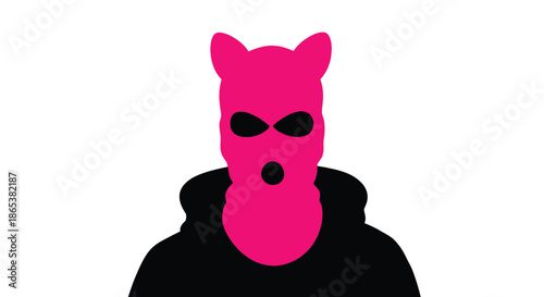 A vibrant pink balaclava with black eye and mouth openings displayed on white