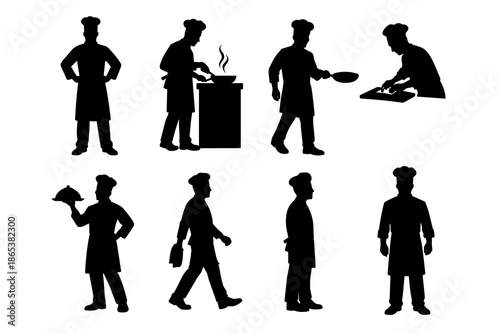 Chef silhouette collection: cooking and serving poses in black silhouettes