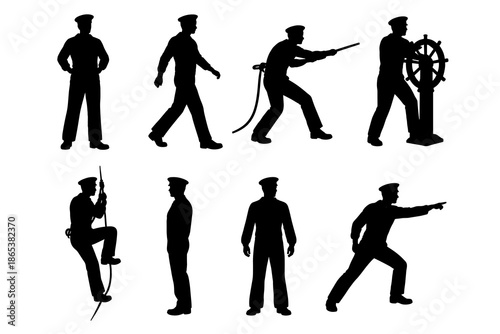 Sailor silhouette collection: nautical actions and poses in black silhouettes