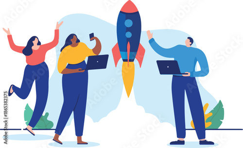 Startup launch - Team of three entrepreneurs launching rocket in air, cheering and celebrating new business. Flat design cartoon vector illustration with white background.