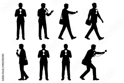 Silhouette of reporter with microphone in various poses for media and journalism themes