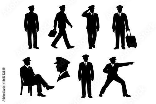 Pilot silhouette collection: professional uniform and gesture poses