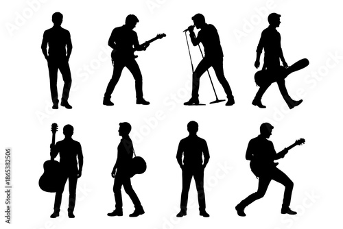 Silhouette musicians: performing and walking poses in black silhouettes
