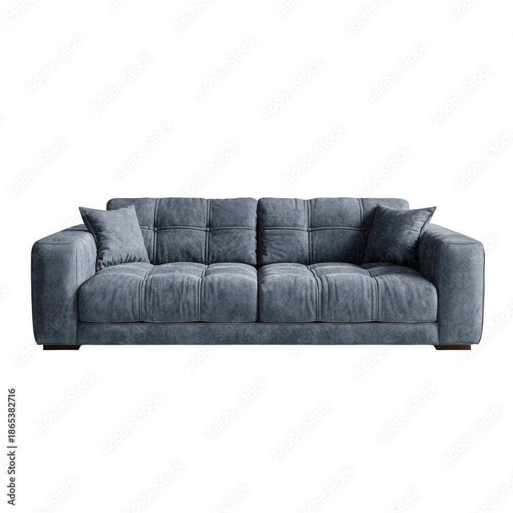 Fototapeta premium Modern blue velvet sofa isolated on transparent background