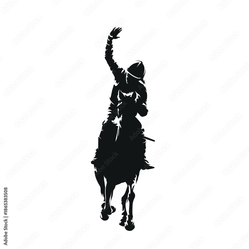 Fototapeta premium High contrast vector illustration of a female jockey riding a racehorse, front view, raising her arm in a victory gesture. Isolated scene symbolizing horse racing success, competition, and triumph.
