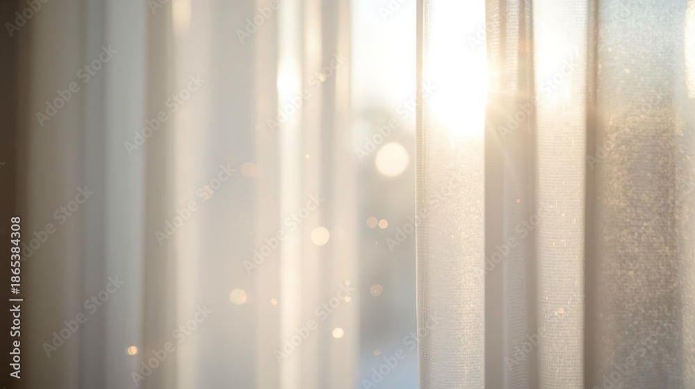 Fototapeta premium Gentle sunlight glowing through sheer curtains with floating dust particles creates an airy interior mood. Ideal background for wellness, mindfulness and modern lifestyle concepts. Cloud Dancer 2026