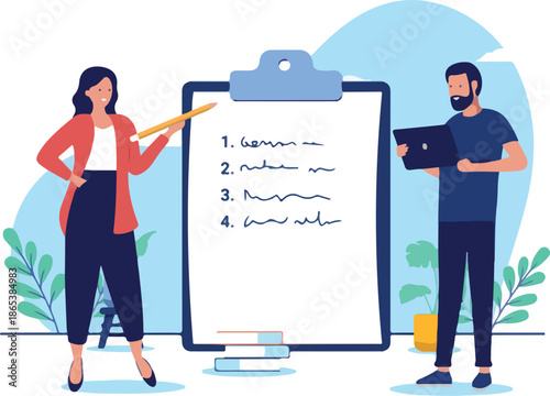 People and clipboard - Man and woman standing in front of numbered list taking notes and presenting business plan. Flat design vector illustration with white background