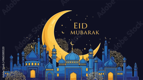 Eid Mubarak Celebration Islamic Art, Moon, Mosque, Festive Design