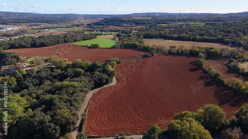Aerial view of rural landscape with cultivated fields
