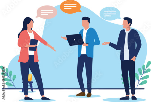 Three business people having a discussion or a casual stand up meeting at work, communicating and exchanging ideas, a corporate team collaboration in flat design vector illustration.