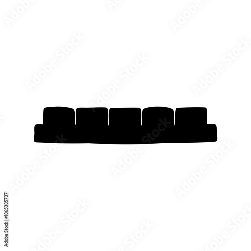A solid black silhouette of a modern five seat couch on white