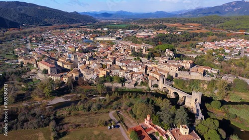Aerial view of besalu's medieval bridge and town in spain