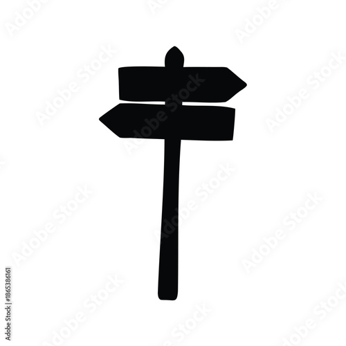 Black and white vector drawing of a twoway signpost silhouette