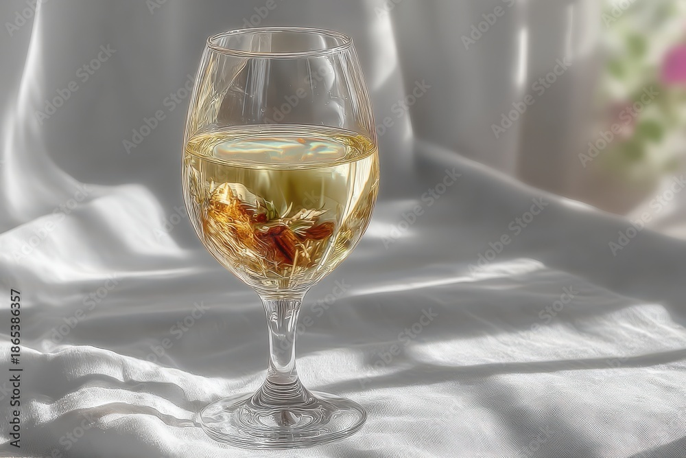 Obraz premium Elegant white wine glass on a white tablecloth, with soft reflections and delicate clarity