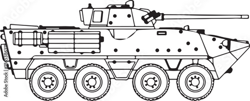 Modern wheeled armored combat vehicle line art for military enthusiasts