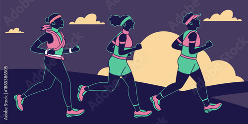 Glowing Runners Supporting Each Other at Sunrise Marathon