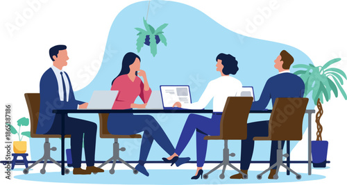 Office meeting at table - Team or group of businesspeople and clients sitting down discussing and talking about project progress. Flat design vector illustration on white background.