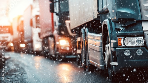 Snow falls on trucks as they wait on the road during a winter scene in a busy transportation area