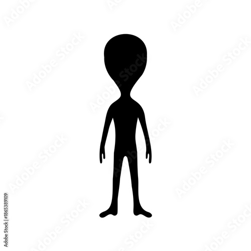 Black silhouette of an alien humanoid with a large head, isolated on white