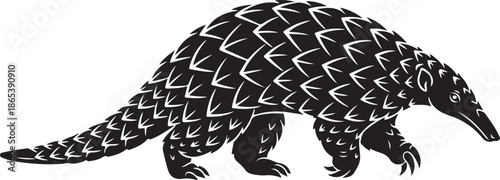 A black and white illustration of a pangolin, an endangered scaly mammal