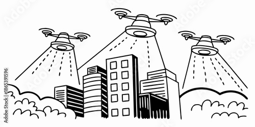 Futuristic Drone Swarm Over Cityscape