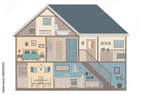 A cutaway illustration of a cozy two-story house with a kitchen, dining area, and bedrooms.