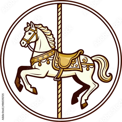 Elegant carousel horse emblem vector illustration, vintage merry-go-round pony with golden saddle inside round frame for carnival logo and fairground branding