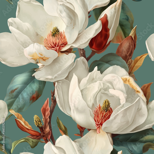 Seamless vector pattern with blooming magnolia isolated on a changeable background. Vintage painting style illustration.