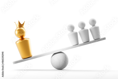 Fotografia Golden crowned figure outweighing three white figures on a seesaw symbolizing leadership power imbalance and dominance concept on white background