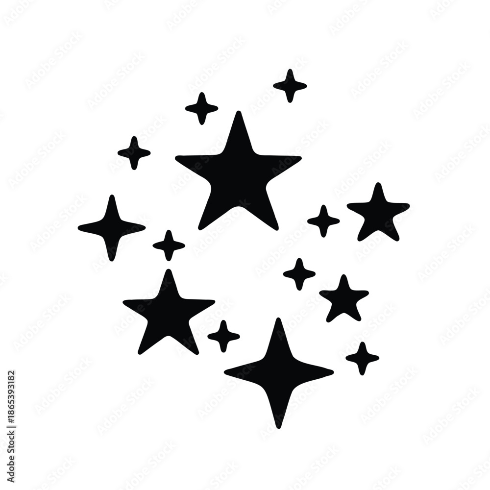 Obraz premium Black stars of varying sizes scattered across a white background creating a sparkle