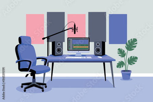 A modern home office setup with a blue desk, chair, and soundproofing panels for music production and recording.