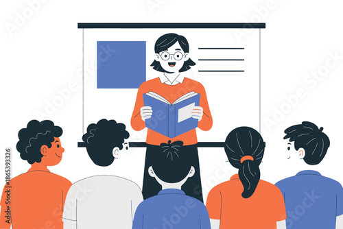 A teacher stands in front of a classroom reading a book to her students.