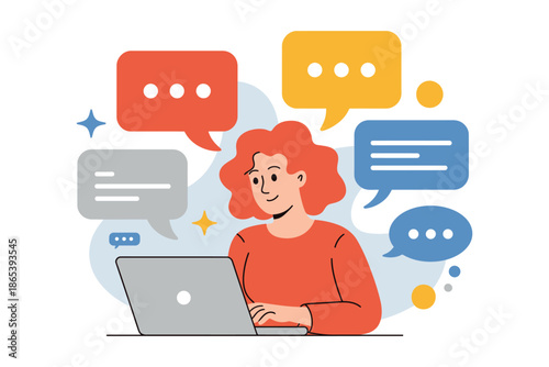 A woman with red hair is sitting at a laptop with colorful speech bubbles around her.