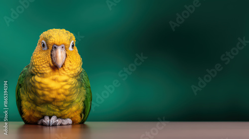 Colorful parrot with yellow and green feathers sitting on surface with blurred green background, showing detailed plumage and curious expression in close up shot