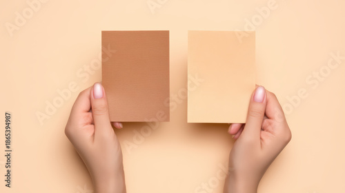 Hands holding two color swatches with different shades of beige on matching beige background, showing minimal style comparison of skin tones in close up view