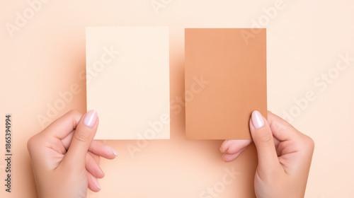 Two hands holding color swatches showing skin tone shades on soft peach background with minimal style and close up view