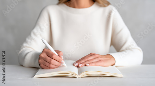 Writing in notebook with pen, woman in white sweater sitting at table, close up of hands holding pen and open blank journal, minimal style, creative work, education, planning