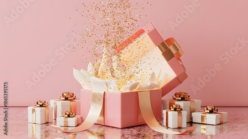 Exploding Pink Gift Box with Gold Confetti and Presents on Pink Background
