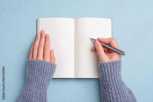 Hands holding open blank notebook with pen ready to write on blue surface, wearing cozy gray knitted sweater sleeves, minimal style close up