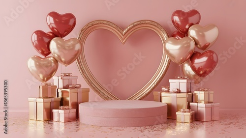 Luxurious Pink Podium with Gold Heart Frame and Gift Boxes