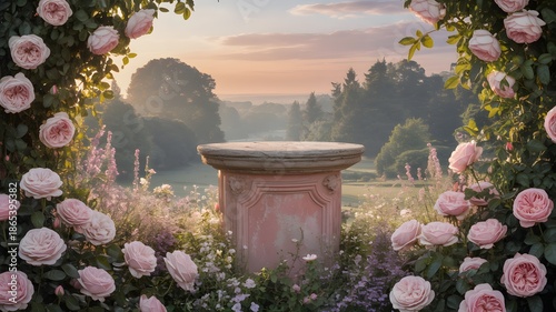 Ancient Pink Stone Podium in Rose Garden with Sunset Background
