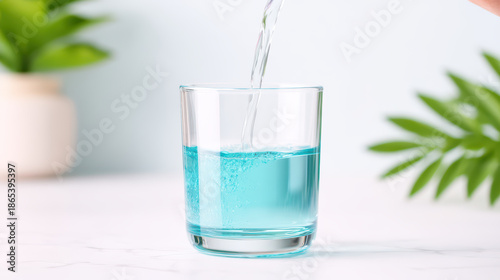 Blue mouthwash being poured into clear glass on white surface with green plants in background, creating fresh and clean atmosphere