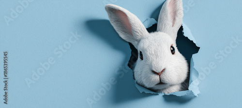 Weißer Osterhase schaut neugierig durch Loch im blauen Papier – modernes minimalistisches Ostermotiv mit viel Textfreiraum