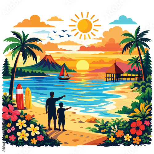Colorful illustration of tropical beach couple at sunset suitable for romantic travel and vacation vector design