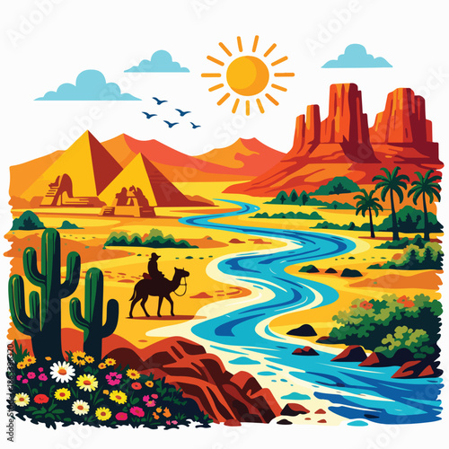 Colorful illustration of desert river canyon landscape suitable for nature travel and poster vector design