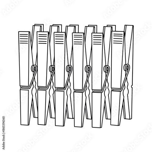 Clothespins lined up in a row on white background